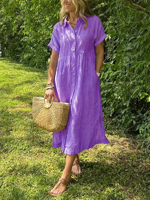 Whitemore & Daughters - Sarina Midi Dress: Shirt-Collar Button-Front Dress with Short Sleeves in Striped Print