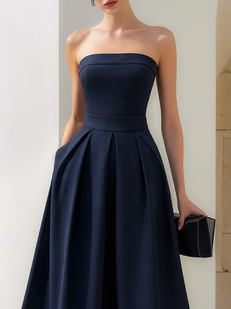 Whitemore & Daughters - Midi Dress: Strapless A-Line Dress with Pleated Skirt