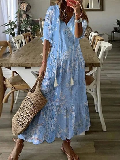 Whitemore & Daughters - Luna Maxi Dress: V-Neck Boho Dress with 3/4 Sleeves in Abstract Print