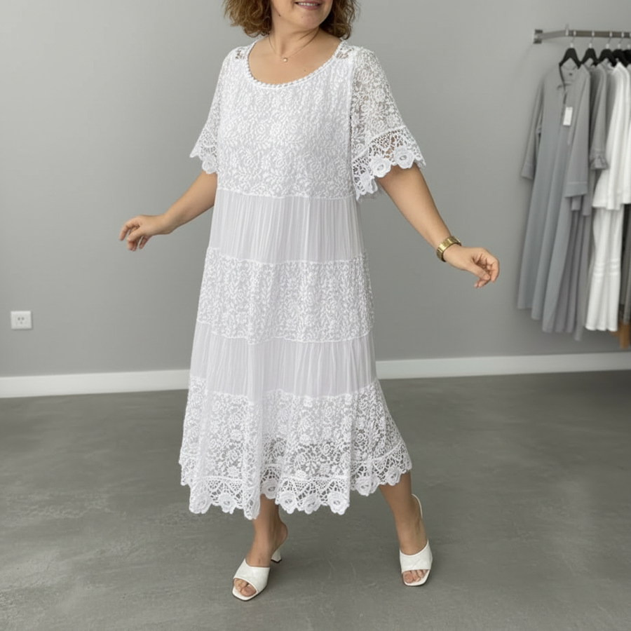 Whitemore & Daughters - Berlinda Midi Dress: Round-Neck Lace Dress with Tiered Skirt