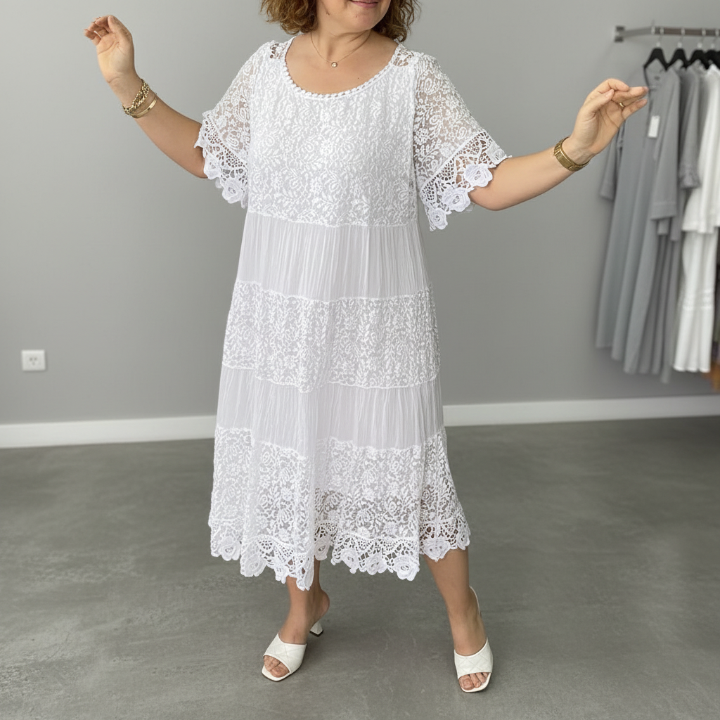 Whitemore & Daughters - Berlinda Midi Dress: Round-Neck Lace Dress with Tiered Skirt